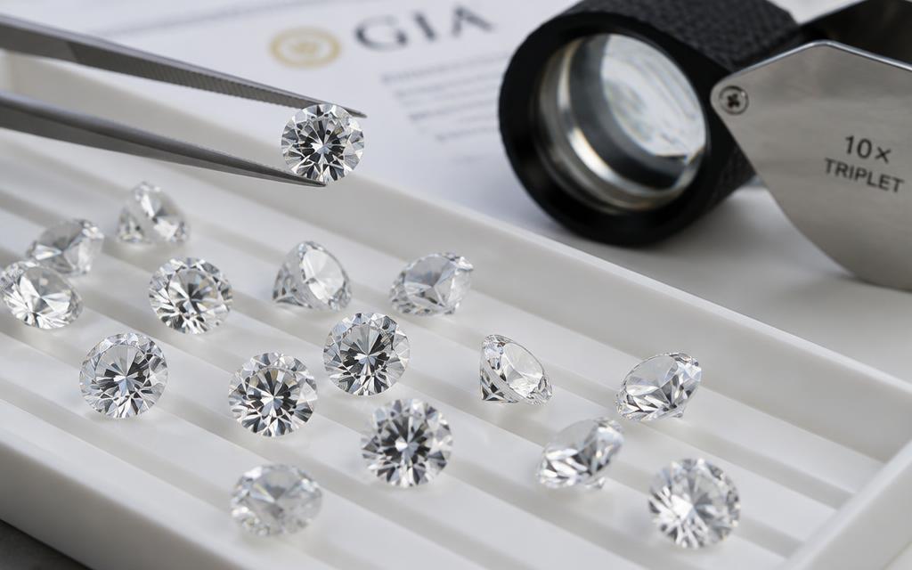 Polished round brilliant diamonds on a grading tray with tweezers and a loupe